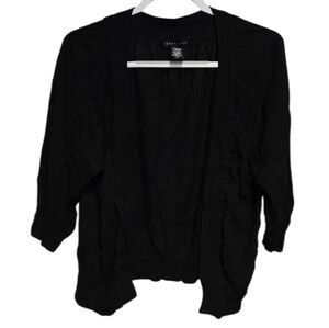Apostrophe Black Slub Knit Cardigan – Open Front Ruched Neckline 33" Sweater